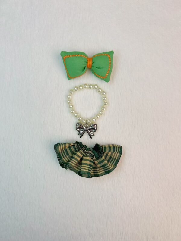 Green Plaid Doll Outfit Set (Bow + Pearl Choker + Skirt)
