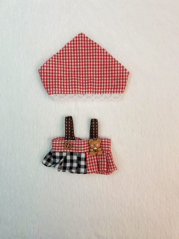 Fairy Tale Picnic Set for 17cm Dolls | Gingham Headscarf + Plaid Apron Dress