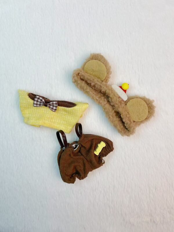 Bear-Themed Outfit Set for 17cm Dolls | Headband + Yellow Top + Brown Overalls