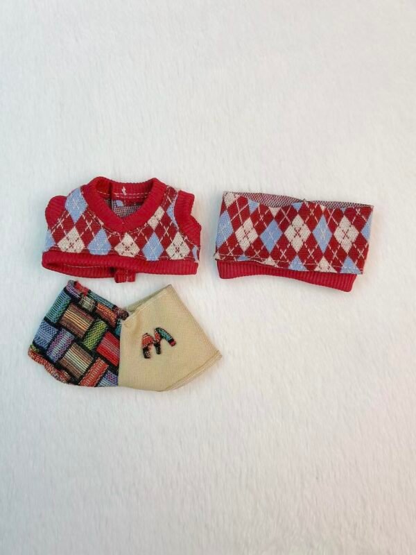 Red Argyle Vest Set for 17cm Dolls | Shorts + Headband 3-Piece Outfit