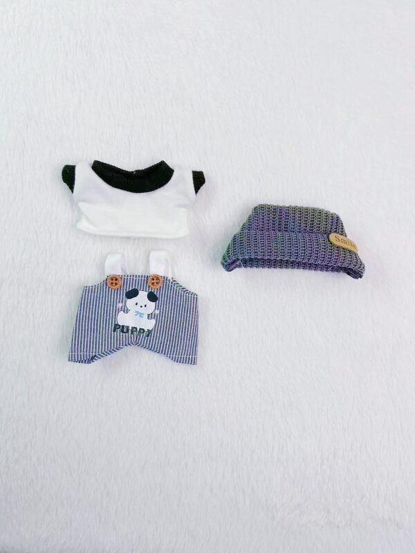 Puppy Overall Outfit for 17cm Dolls | Knit Hat + Monochrome Tee + Character Suspender Pants
